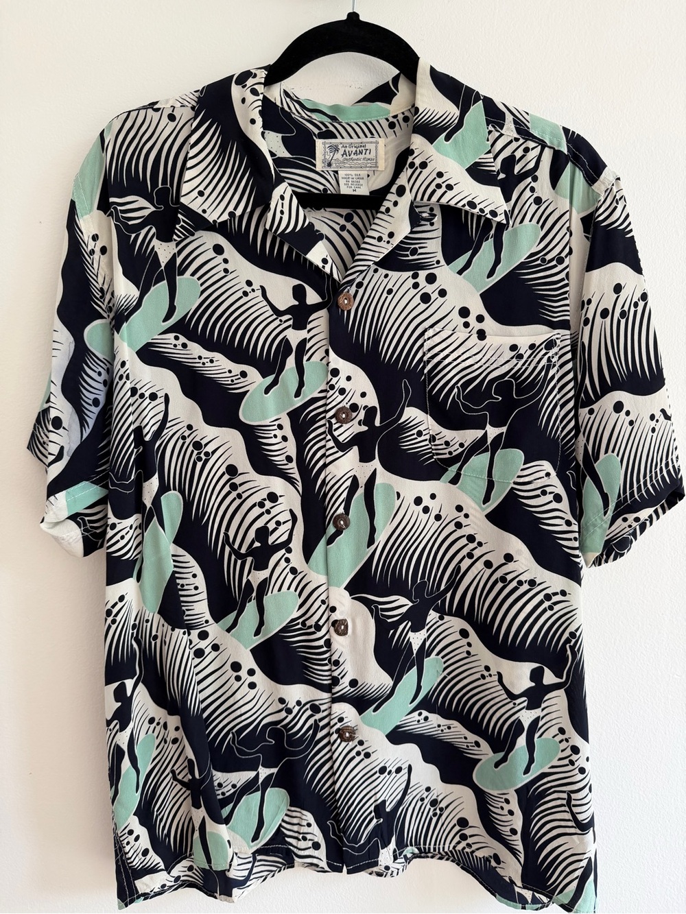 Avanti Black, Cream & Mint Surf Print Short Sleeve Button Shirt